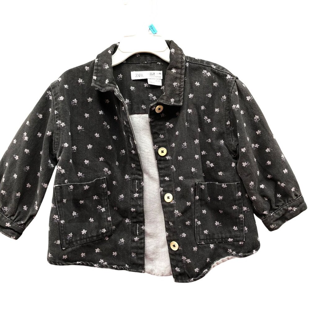 Zara Girls 18-24M Soft Denim Jacket Black Floral Shacket‎ Button Front Lyocell